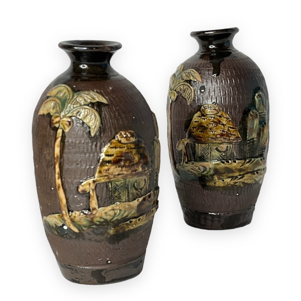 Asian Japanese Ceramic Art Pottery Vase Hut House Tree Decoration Brown Tan Pair